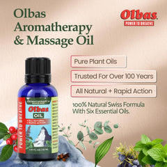 Olbas Massage Oil bottle closeup highlighting pure essential oils for relaxation.