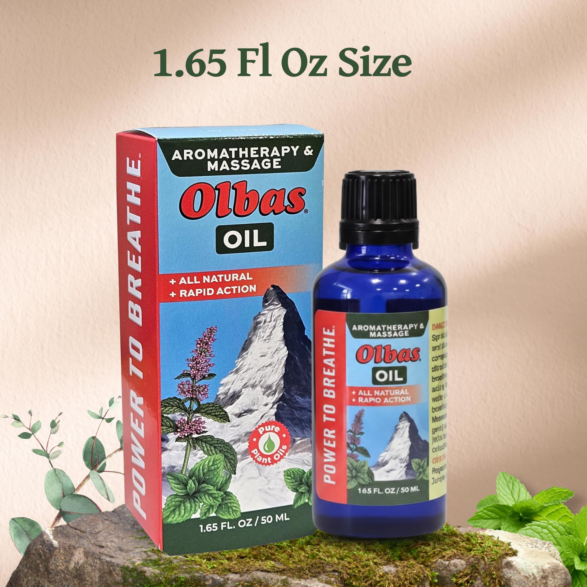 Olbas product packaging display with full 1.65 fl oz bottle