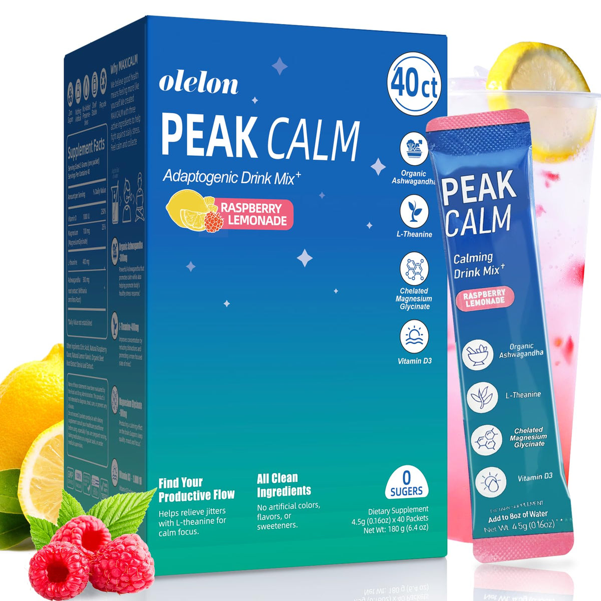 OLELON Peak Calm raspberry lemonade sachet for refreshing relaxation