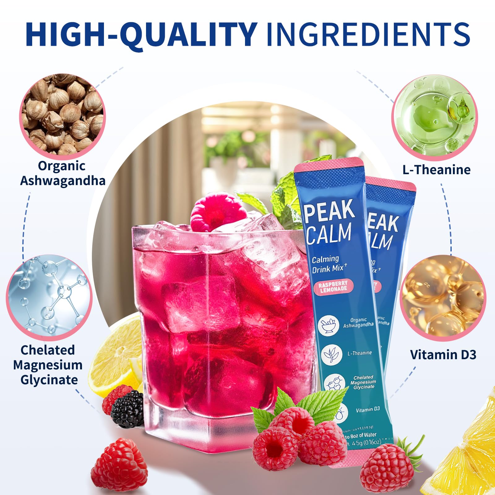 OLELON Peak Calm vitamin D3 icons highlighting wellness ingredients