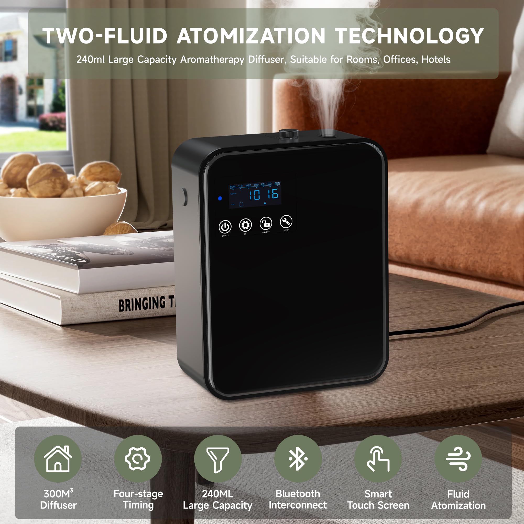 OLFANIX diffuser side view shows sleek, decor-friendly design for seamless integration