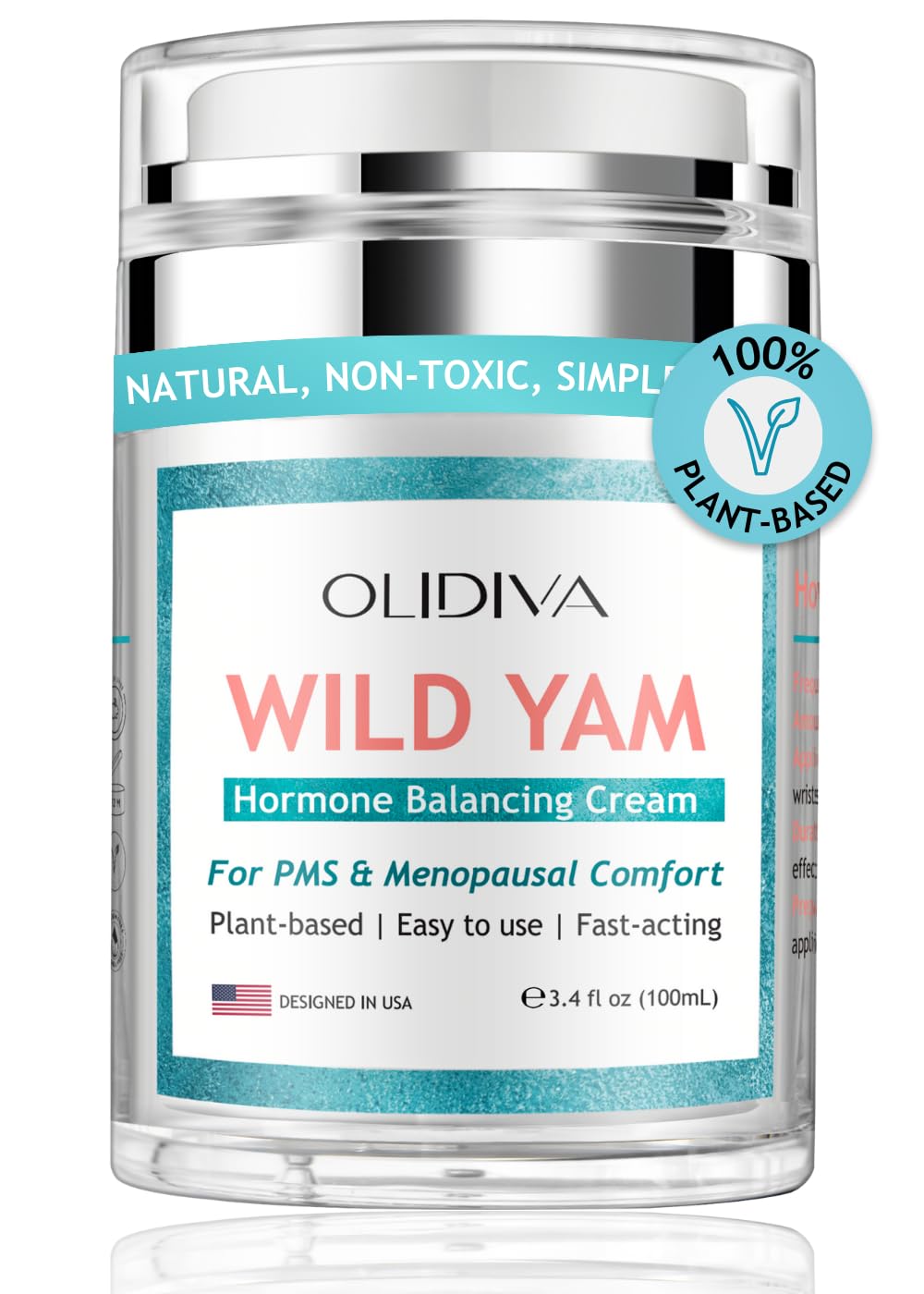 Olidiva Wild Yam Cream bottle with airless pump for clean, precise dispensing.