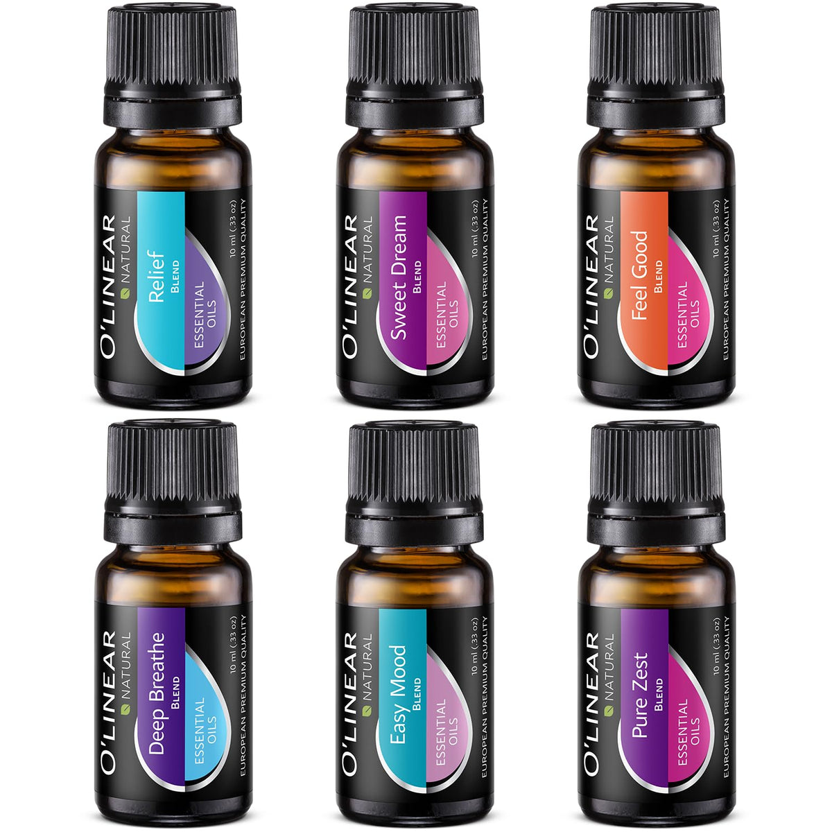 O'Linear essential oils six-blends set diffuser bottles create inviting home aroma.