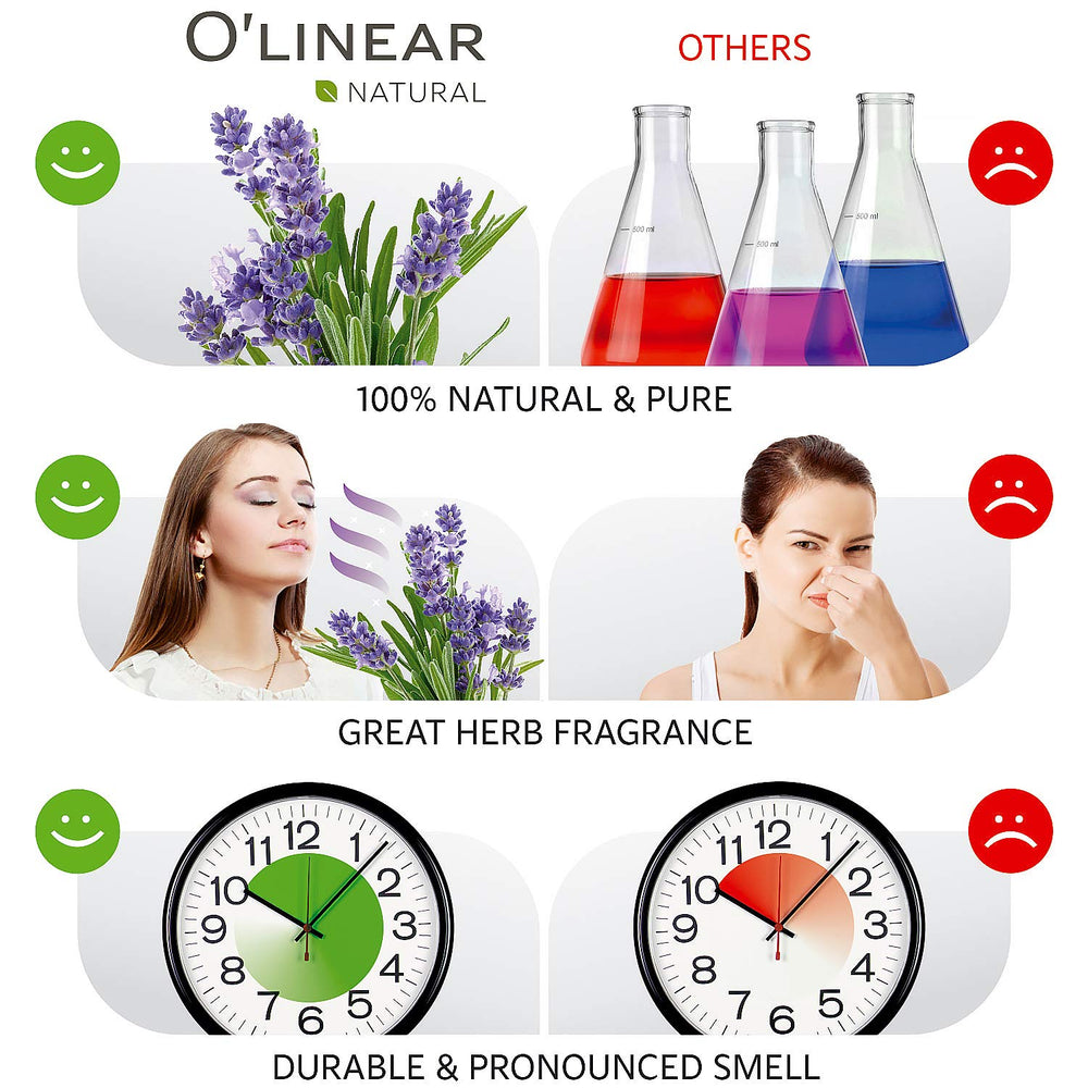 Close-up of O'Linear lavender oil drops for diffuser use and ambience.
