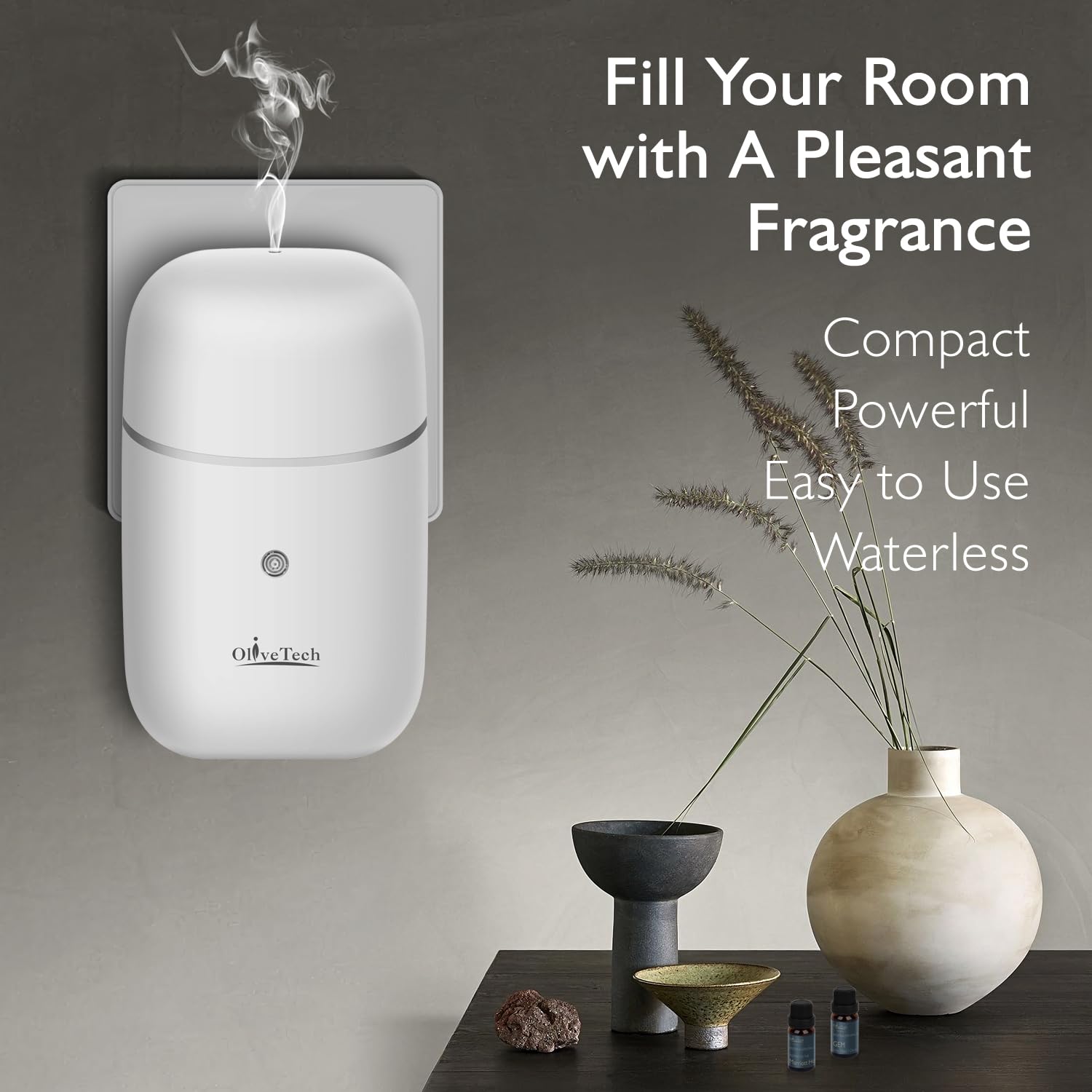 OliveTech diffuser with two 10 ml oils for flexible scent options.
