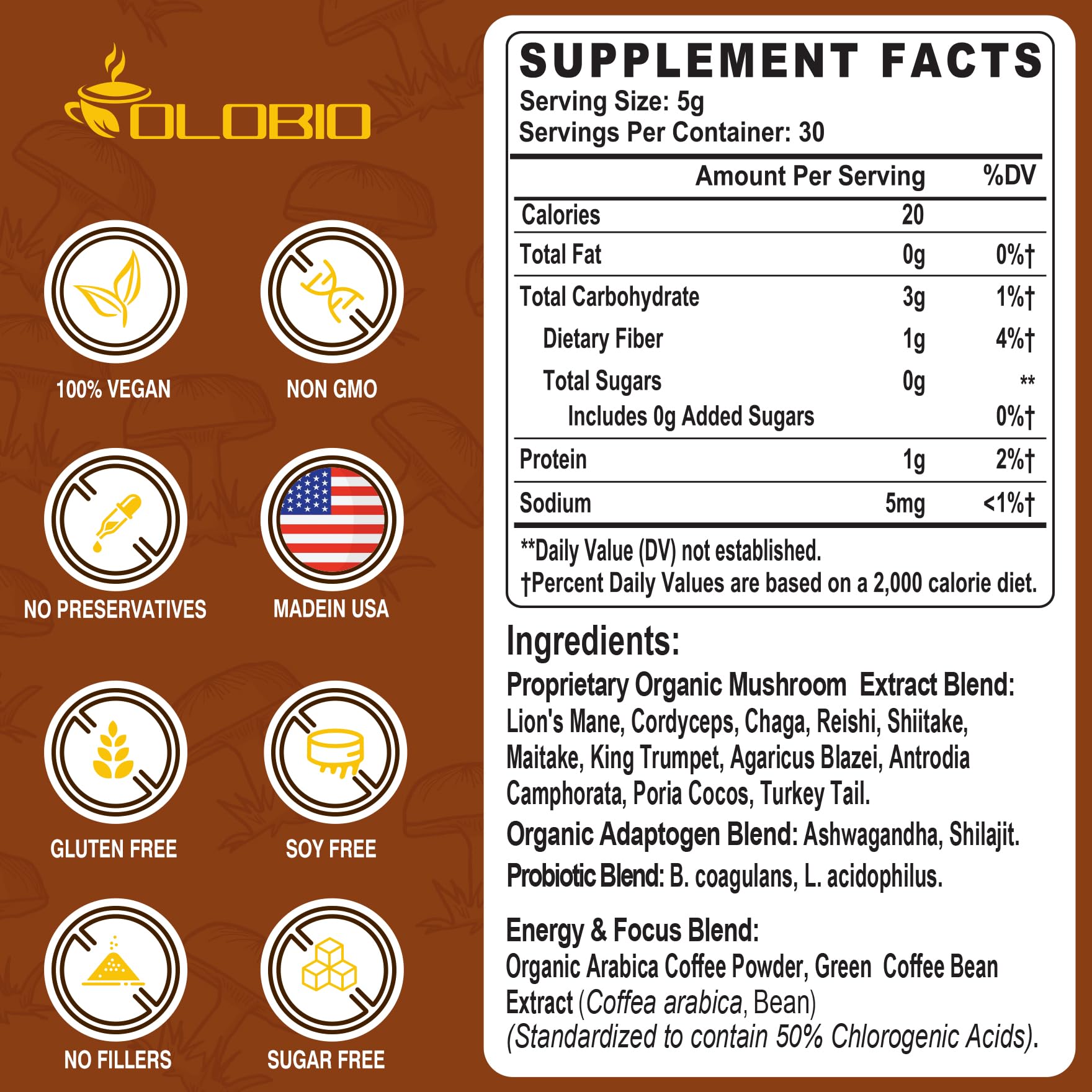 OLOBIO 11 mushrooms powder tub highlights a versatile mix for cognitive support.