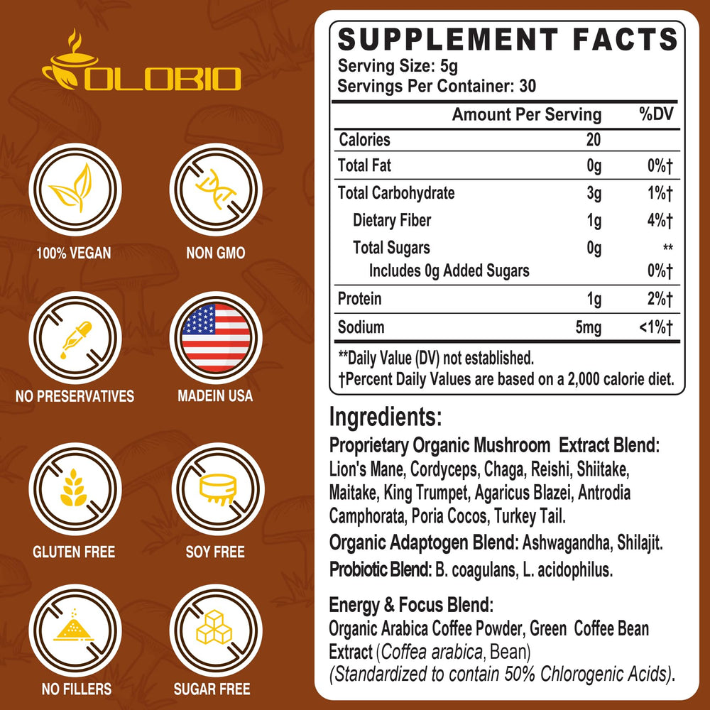 OLOBIO 11 mushrooms powder tub highlights a versatile mix for cognitive support.