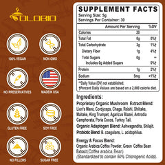 OLOBIO 11 mushrooms powder tub highlights a versatile mix for cognitive support.