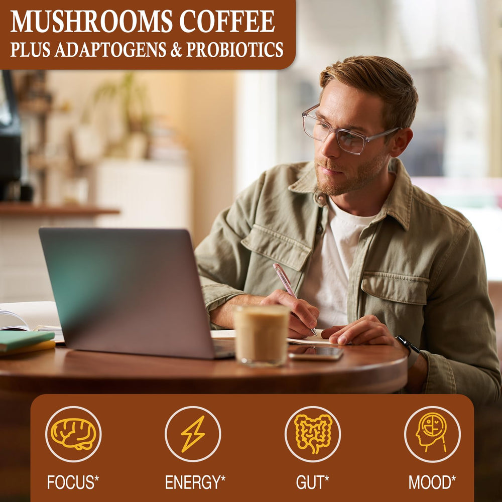 OLOBIO cup steaming with mushroom coffee suggests a comforting morning ritual.