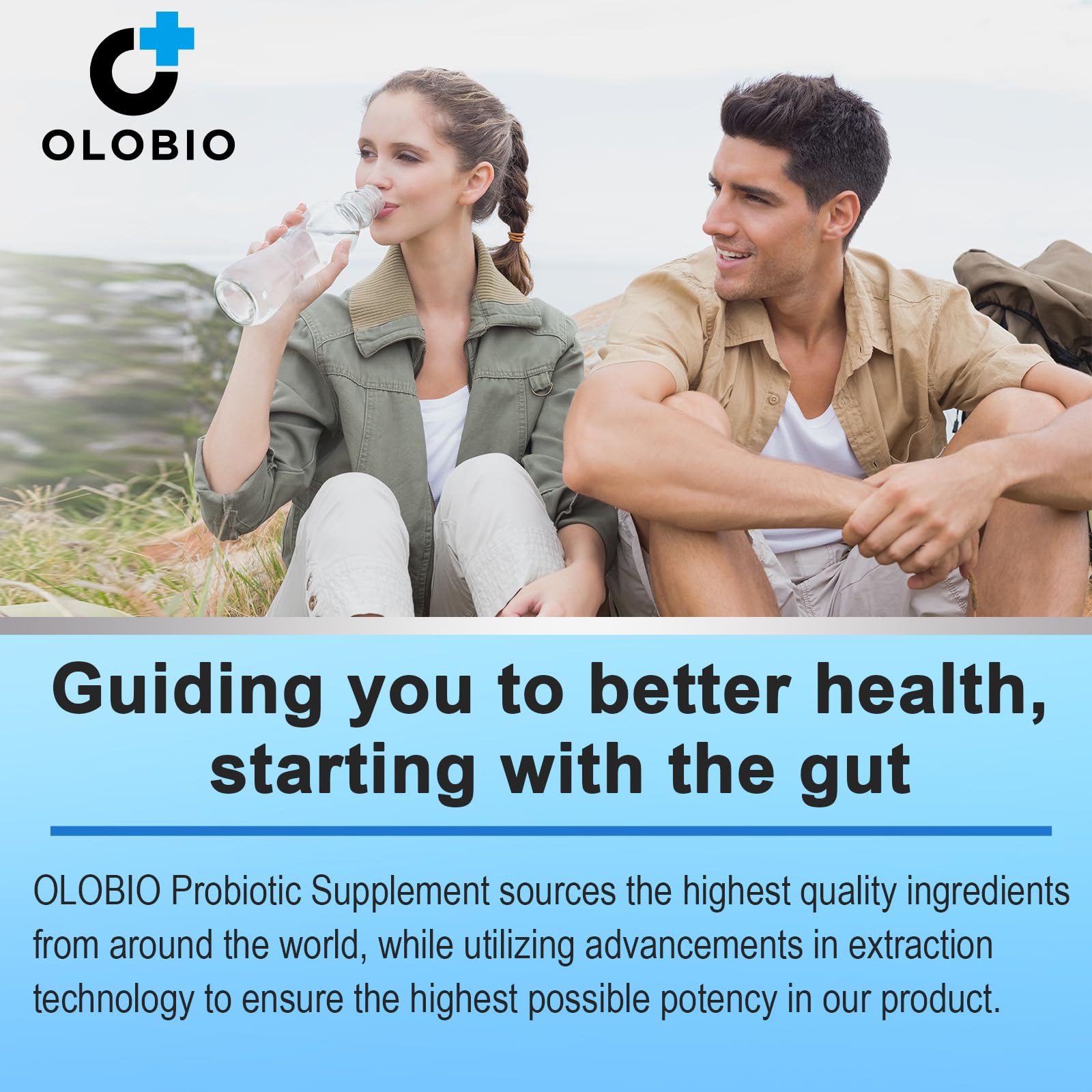 OLOBIO daily-use routine with water emphasizing easy daily probiotic use.