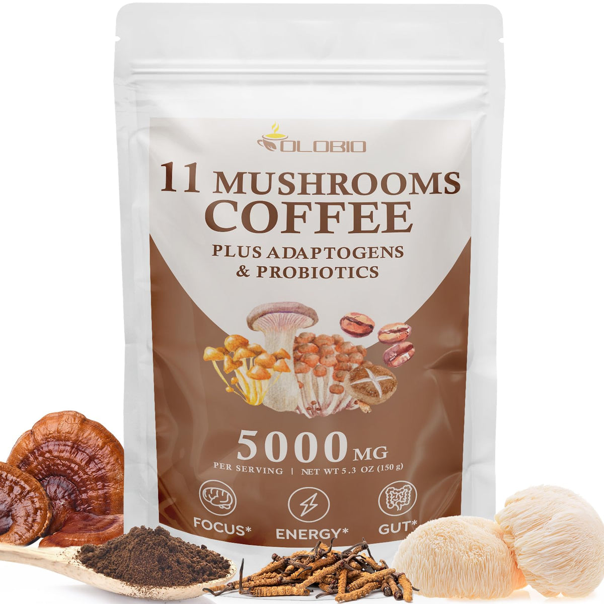 OLOBIO mushroom coffee bottle for steady focus and energy.