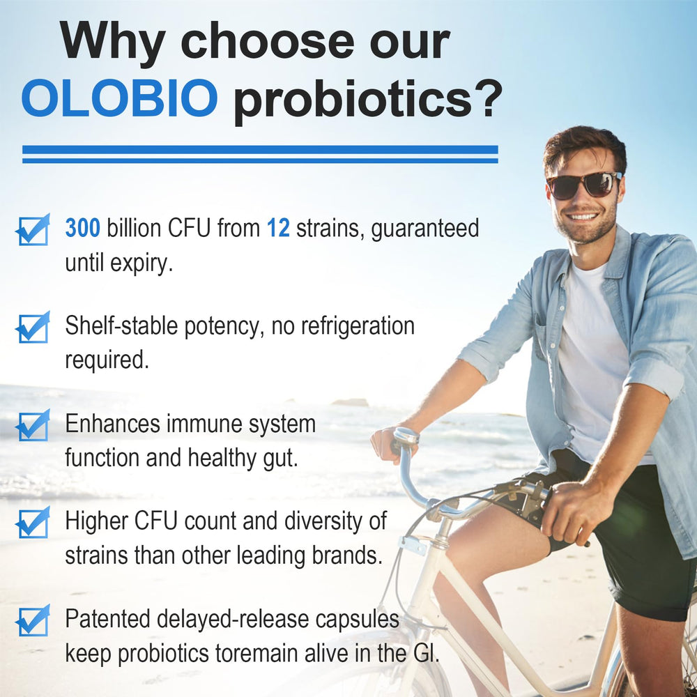 OLOBIO shelf-stable bottle on shelf showing no refrigeration needed.