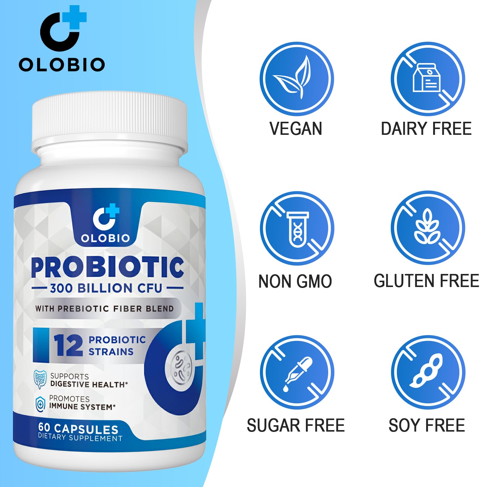 OLOBIO vegan gluten-free label on bottle for plant-based probiotic choice.