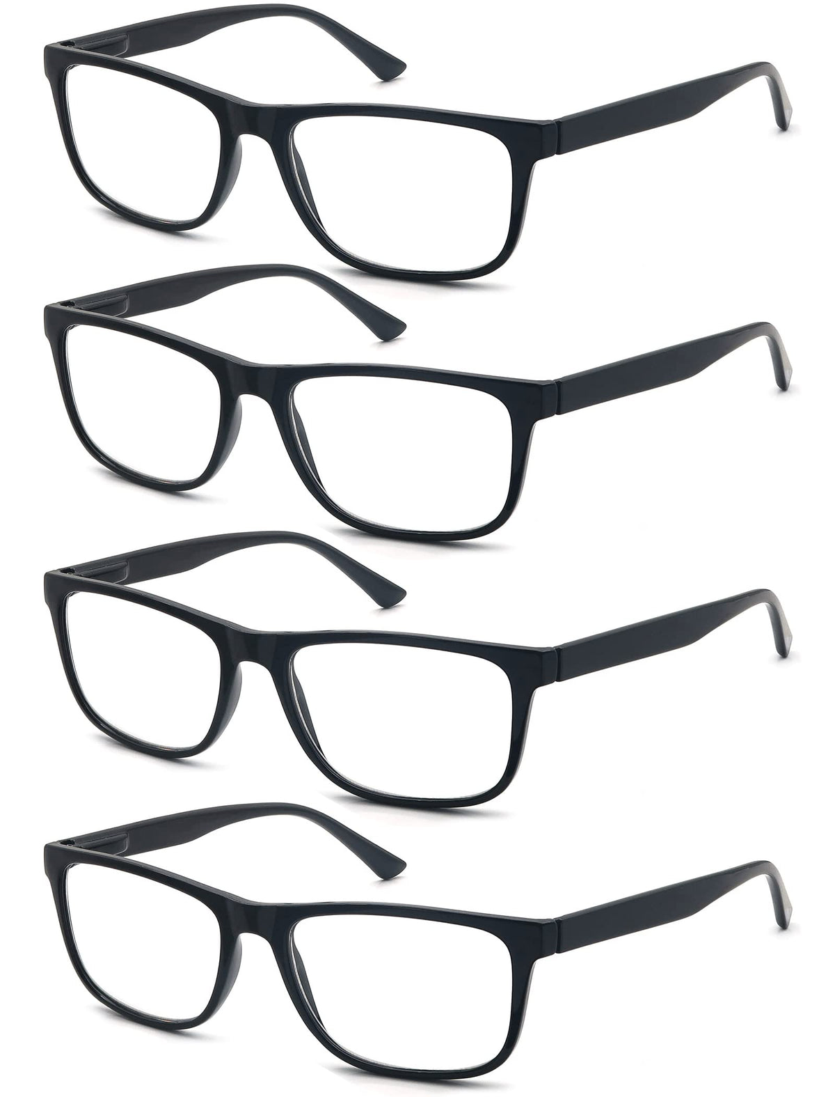 OLOMEE reading glasses 4-pack with oversized square black frames for daily reading convenience.