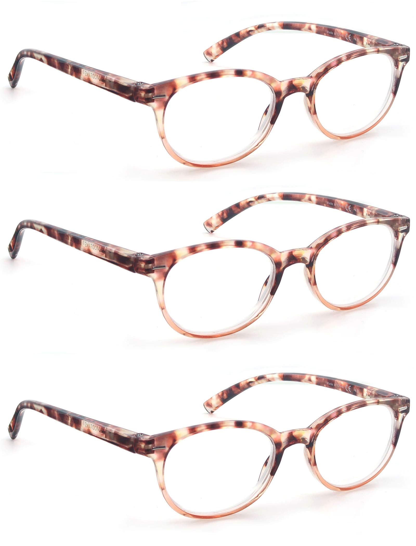 OLOMEE round tortoiseshell reading glasses, 3-pack, front view for travel and home use.