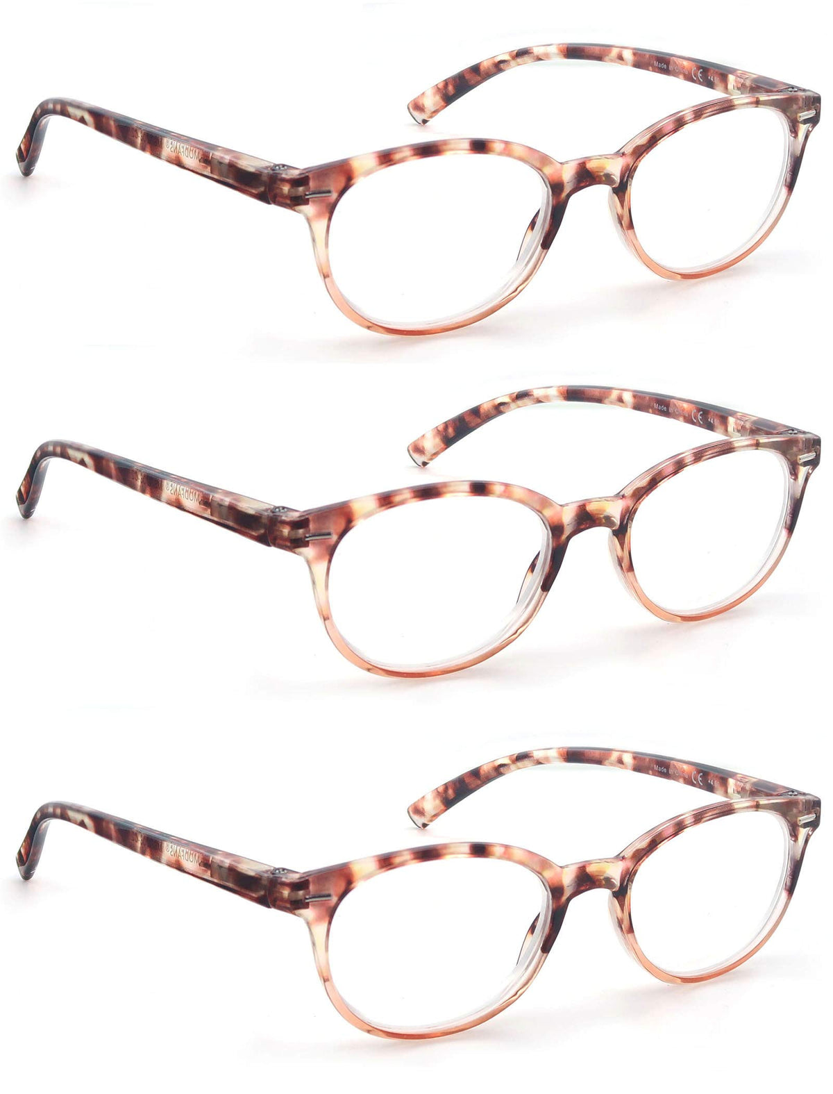 OLOMEE round tortoiseshell reading glasses, 3-pack, front view for travel and home use.