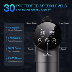 OLsky massage gun with nine heads targets multiple muscle groups.