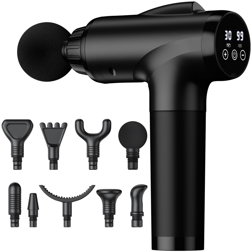 OLsky massage gun with nine attachments for full-body muscle relief.