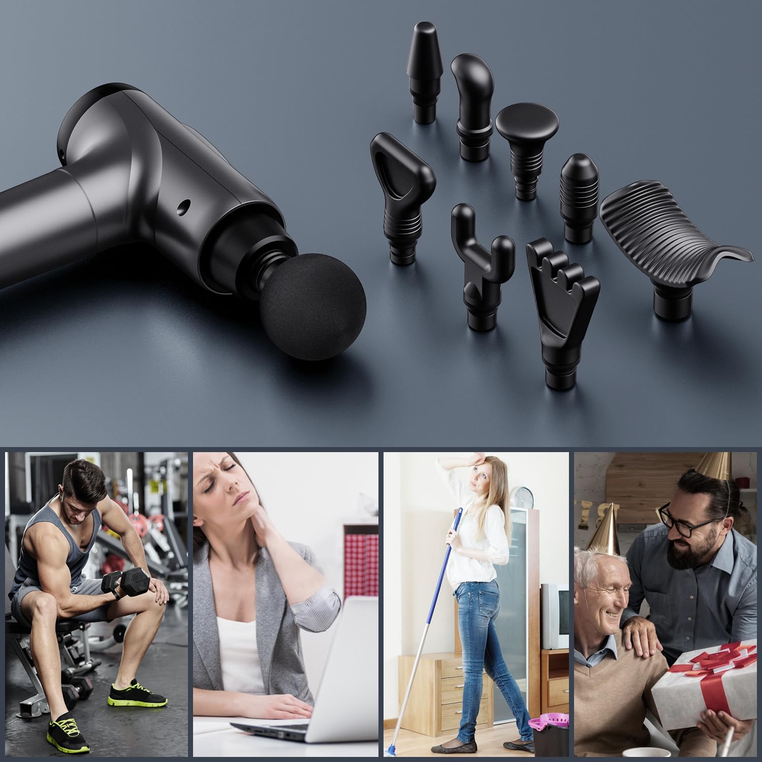 OLsky massage gun with smart LED display shows speed and battery level.