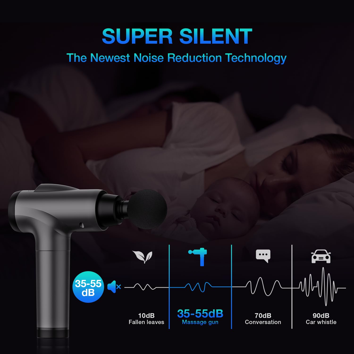 OLsky massage gun operates quietly for discreet use anywhere.
