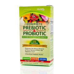 Olympian Labs Complete Prebiotic and Probiotic bottle shown for daily digestive balance