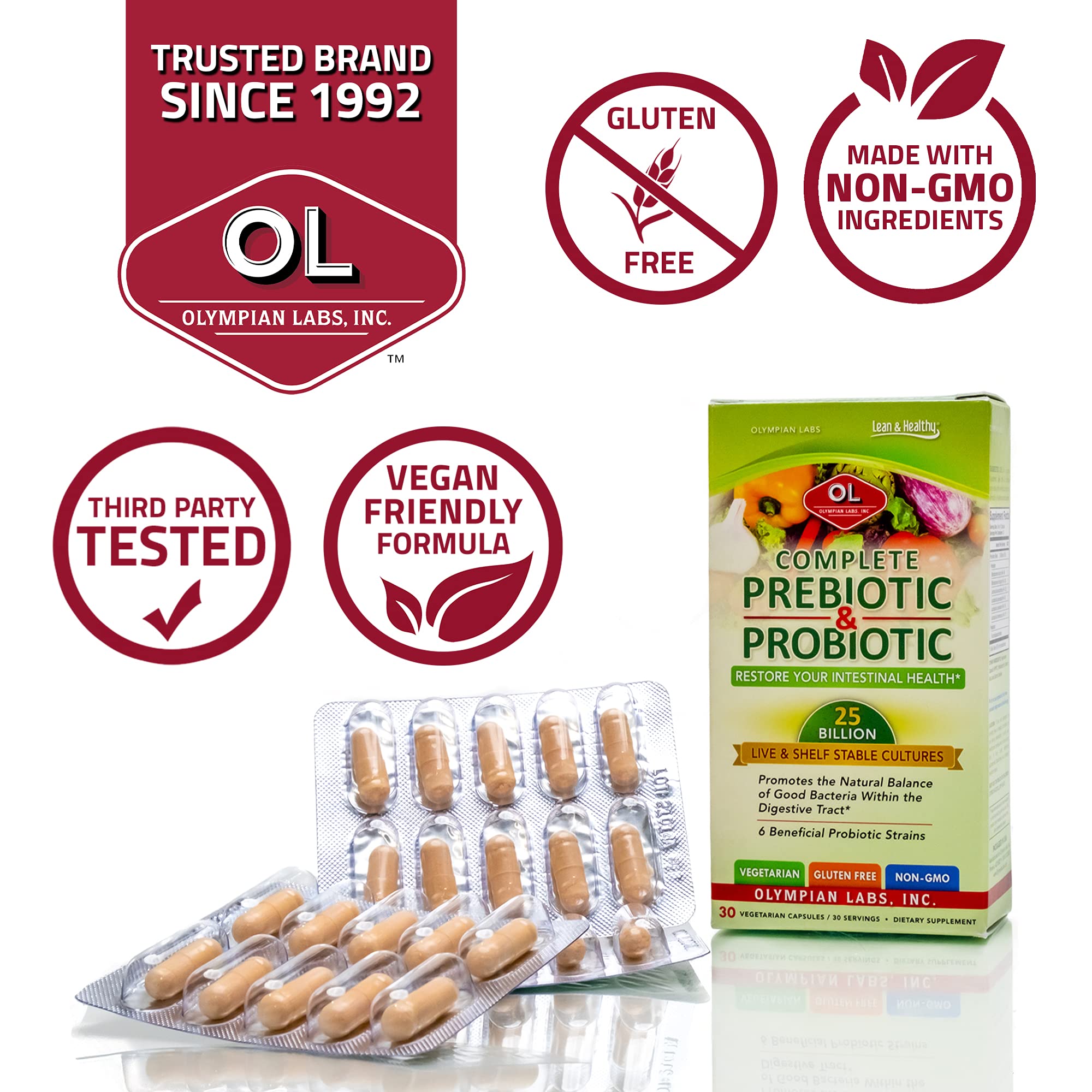 Olympian Labs Complete Prebiotic and Probiotic capsules emphasize 25 billion shelf-stable cultures