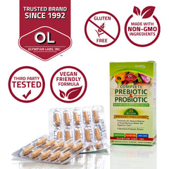Olympian Labs Complete Prebiotic and Probiotic capsules emphasize 25 billion shelf-stable cultures