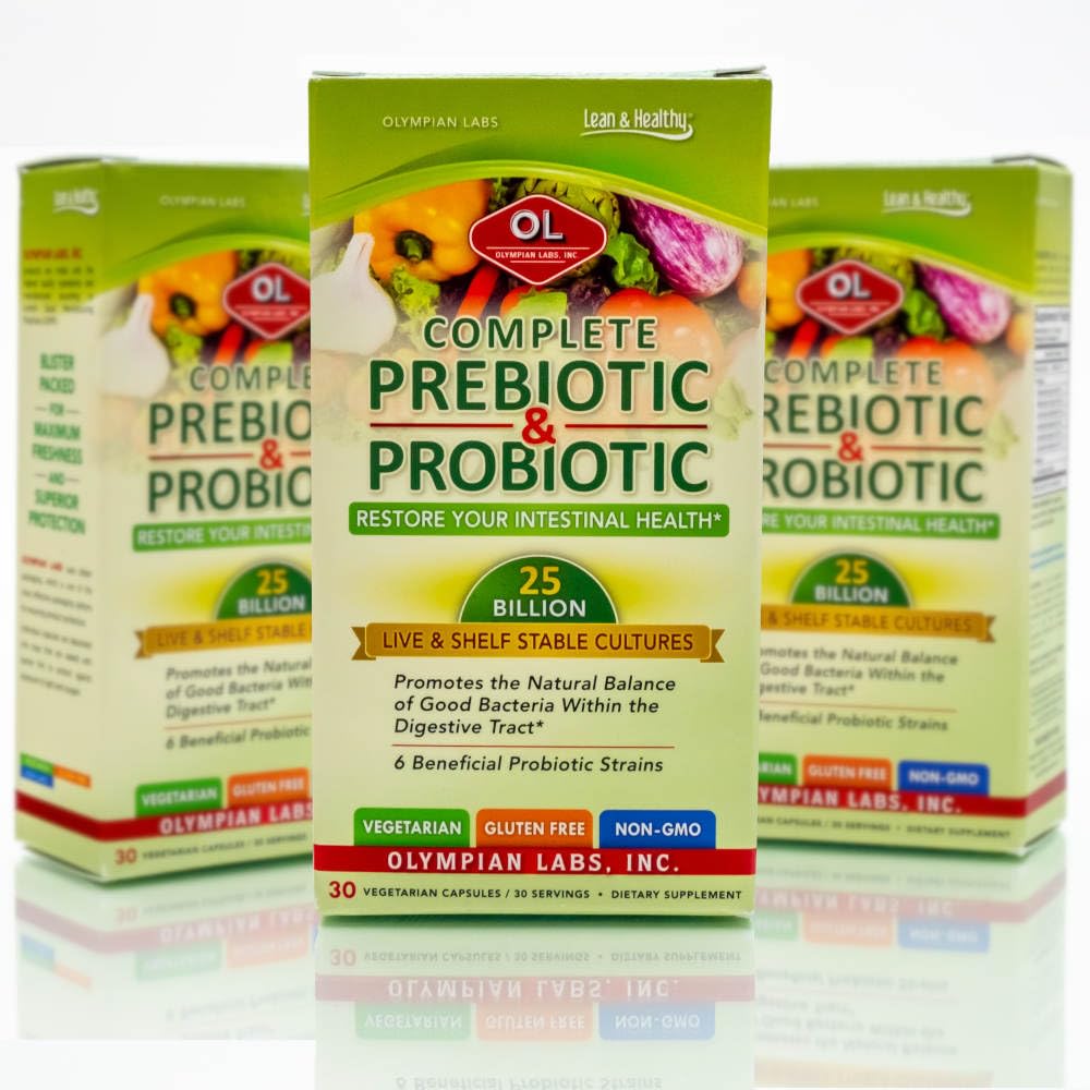 Olympian Labs information card explains daily prebiotic-probiotic pairing for digestive support