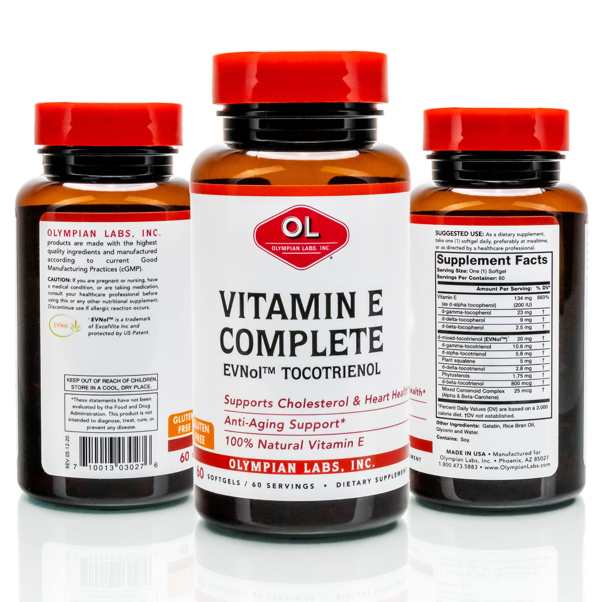 Olympian Labs Vitamin E Complete Tocomin bottle side view with label.
