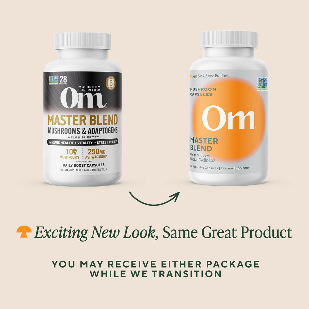 OM Master Blend ashwagandha closeup emphasizes adaptogenic blend.