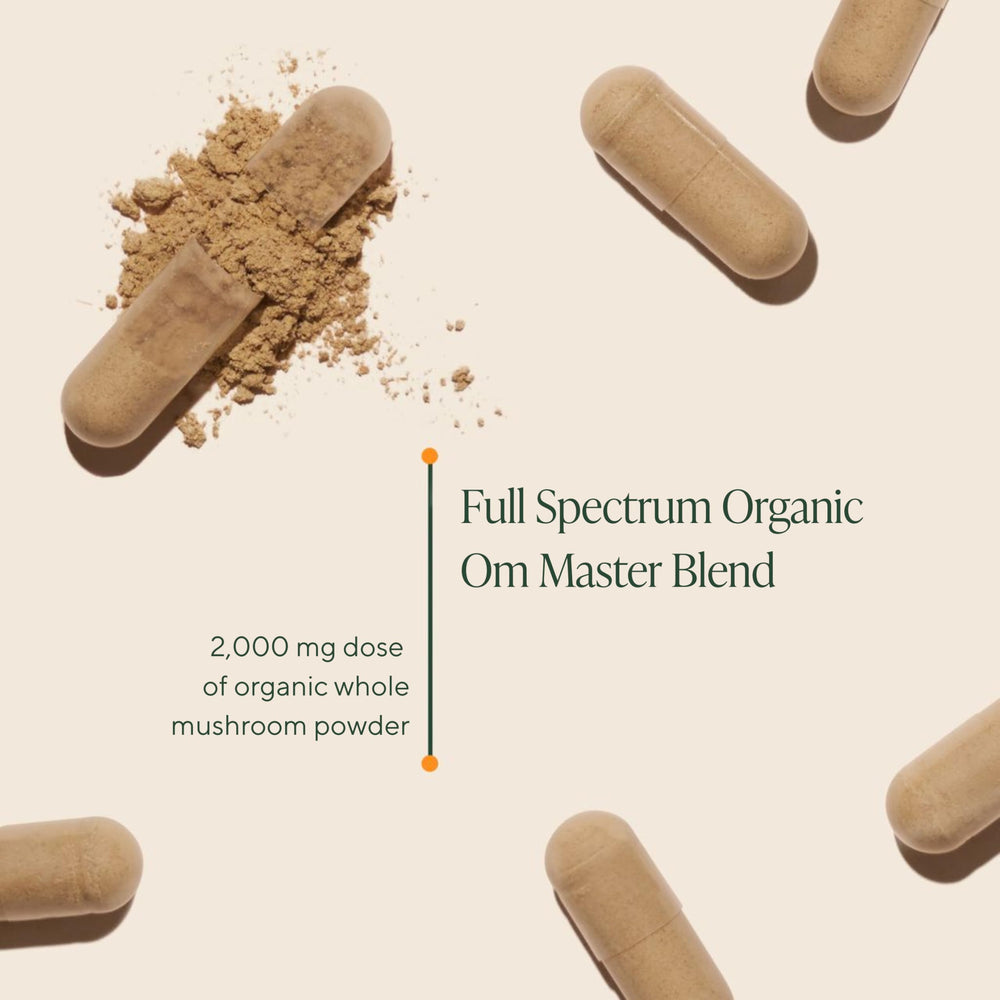 OM Master Blend ingredient list highlights ten mushrooms and ashwagandha.