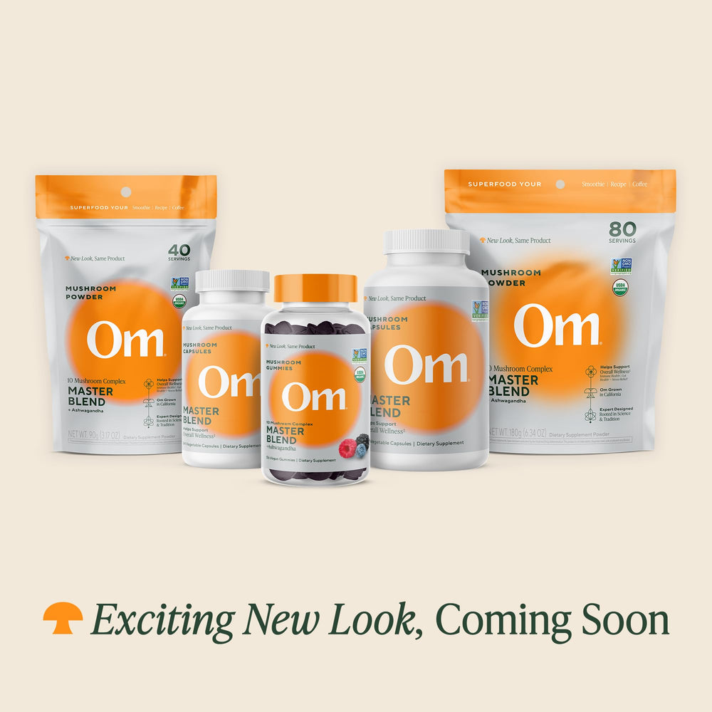 OM Master Blend packaging on pantry shelf in a clean design.