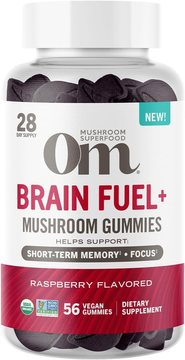 OM MUSHROOM BRAIN FUEL+ bottle label signaling focus support.