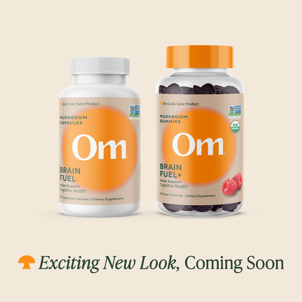 OM MUSHROOM BRAIN FUEL+ Lion’s Mane gummies close-up for memory support.