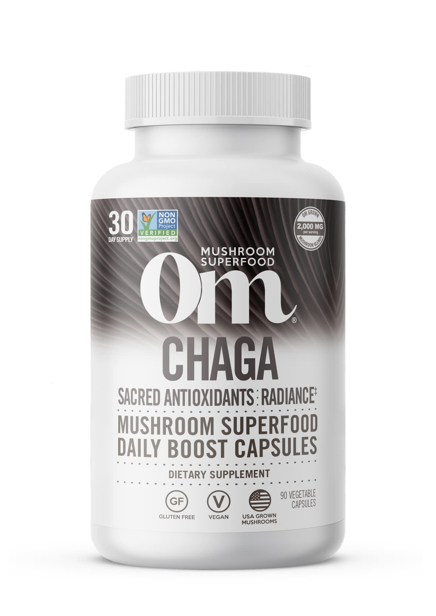 OM Mushroom Superfood chaga capsules bottle showcasing convenient daily antioxidant support