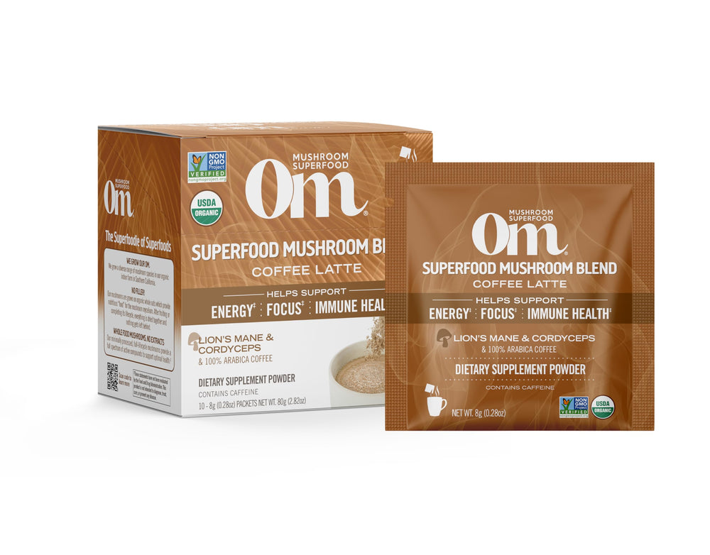 OM Mushroom Superfood Lion's Mane close-up shows a focus-friendly latte blend.