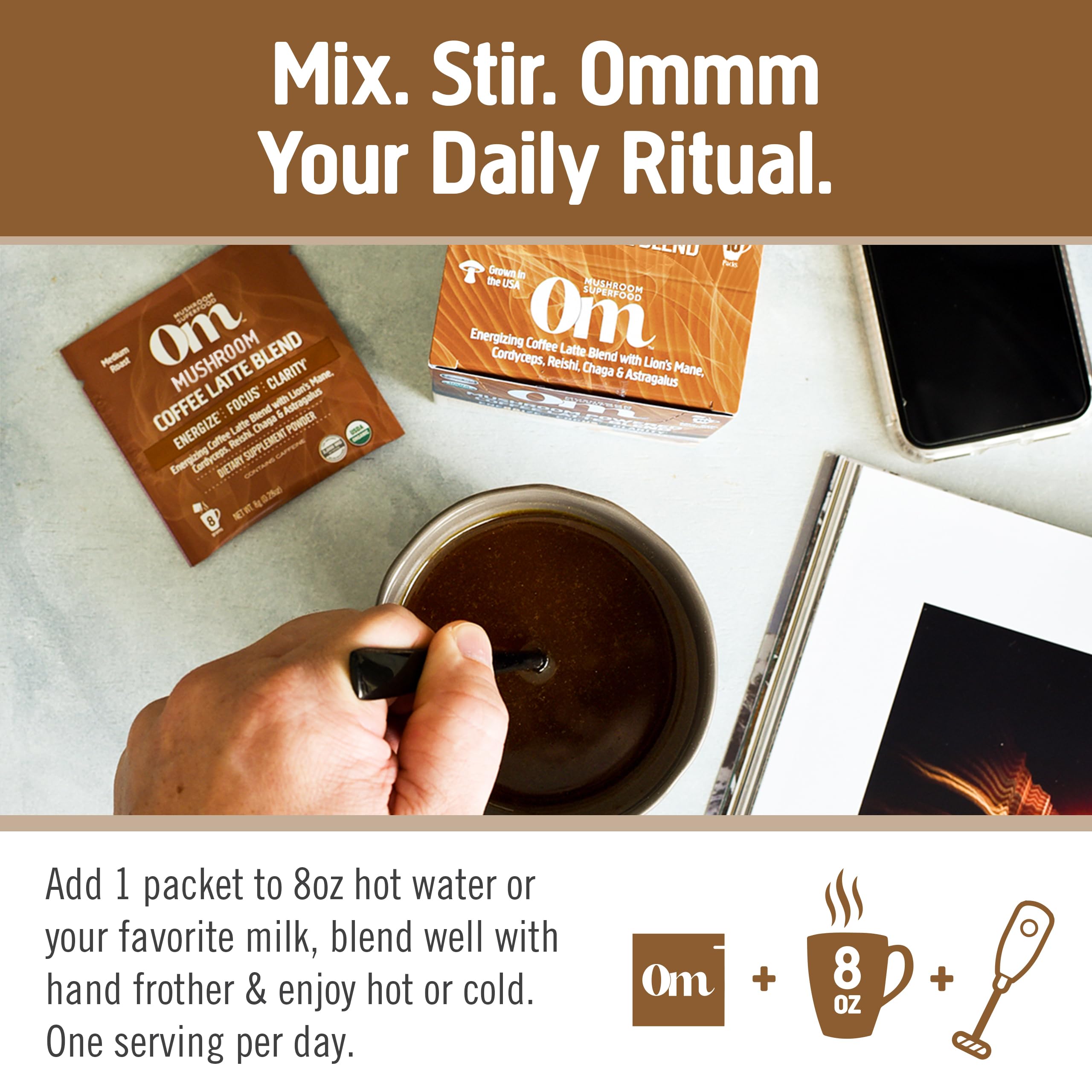 OM Mushroom Superfood Single-serve packets ready for travel and on-the-go rituals.