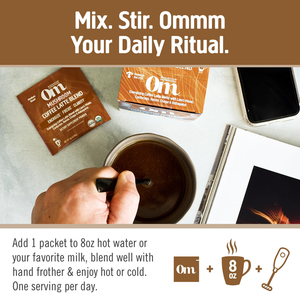 OM Mushroom Superfood Single-serve packets ready for travel and on-the-go rituals.