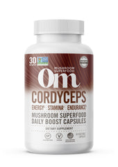OM MUSHROOM Cordyceps capsules bottle for daily energy and endurance.