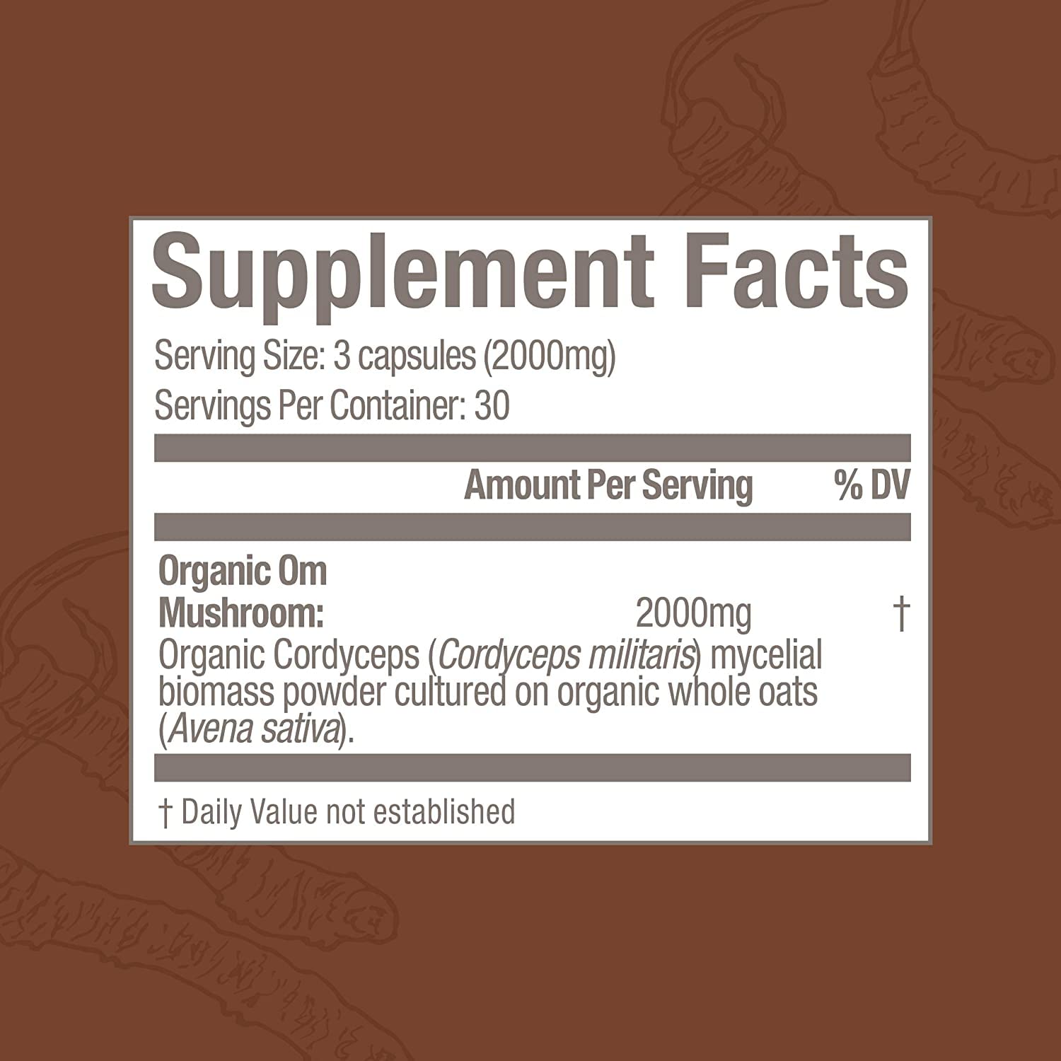 OM MUSHROOM Cordyceps capsules illustrating a simple three-capsule daily dose.