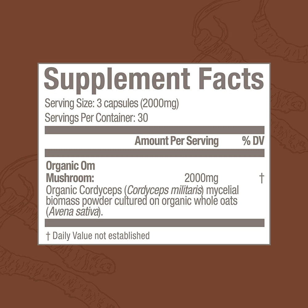 OM MUSHROOM Cordyceps capsules illustrating a simple three-capsule daily dose.