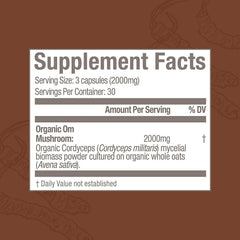 OM MUSHROOM Cordyceps capsules illustrating a simple three-capsule daily dose.
