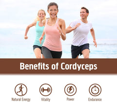 OM MUSHROOM Cordyceps capsules next to a glass of water for easy daily use.