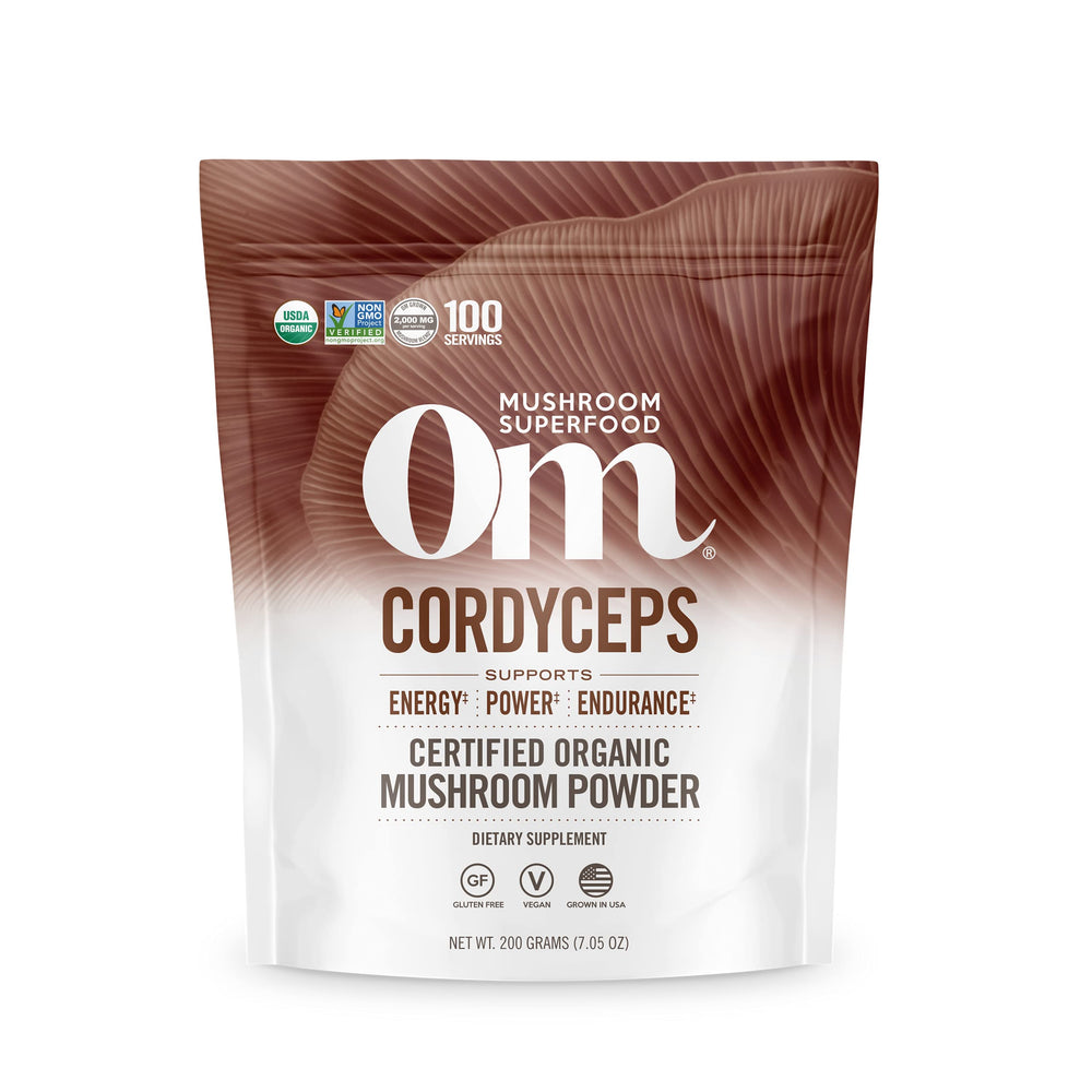 OM Mushroom Cordyceps powder jar for steady energy throughout workouts
