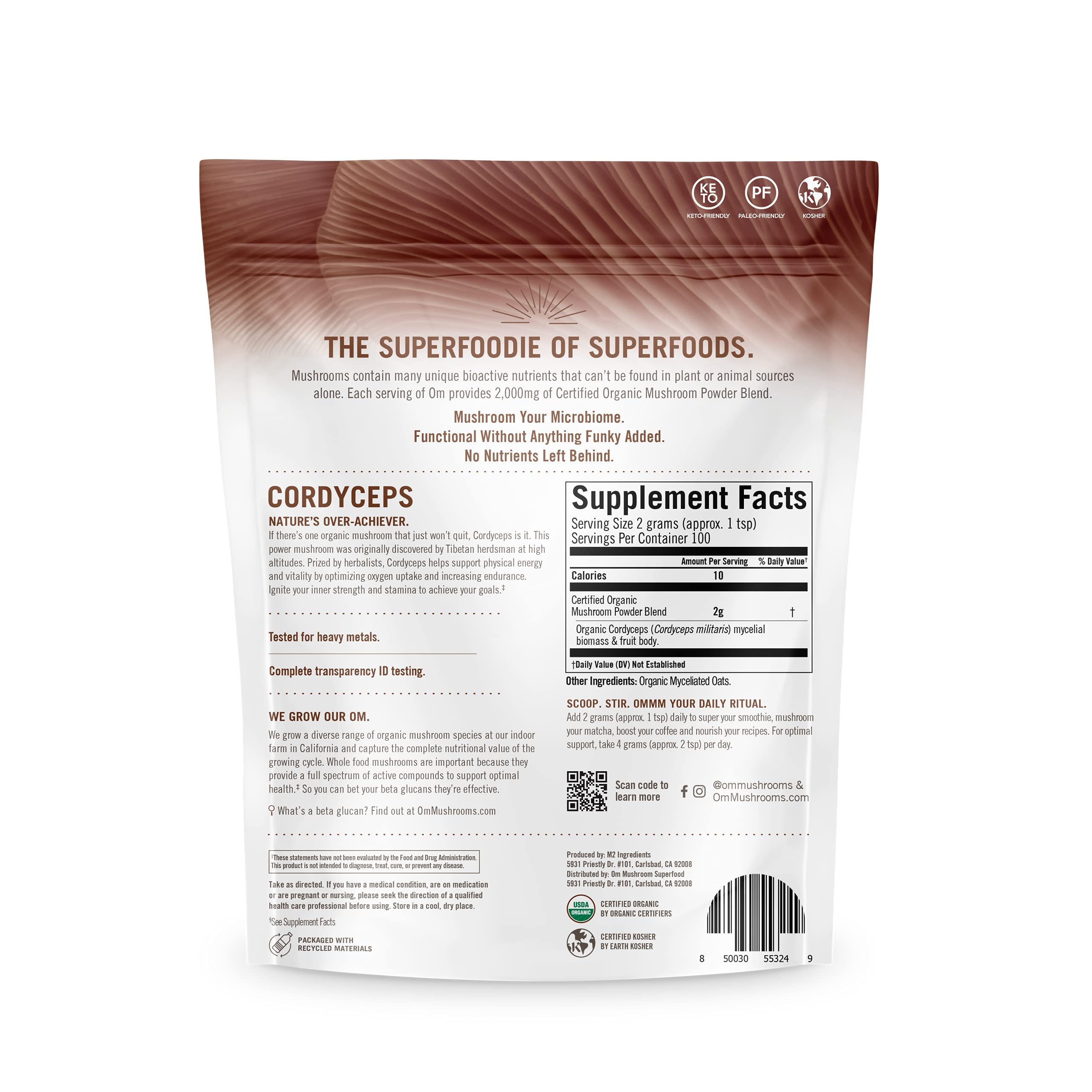 OM Mushroom Cordyceps powder packaging from USA-grown production