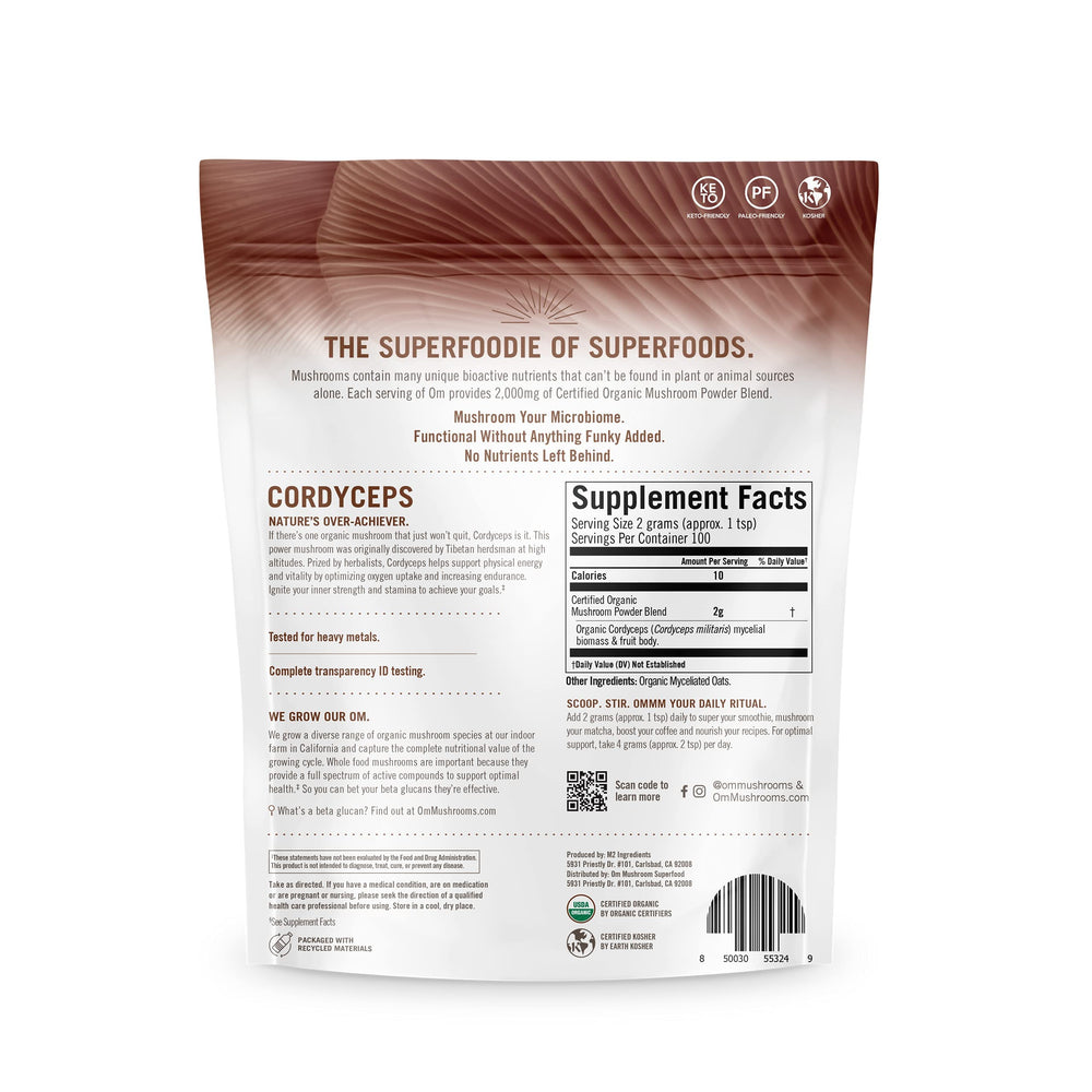 OM Mushroom Cordyceps powder packaging from USA-grown production