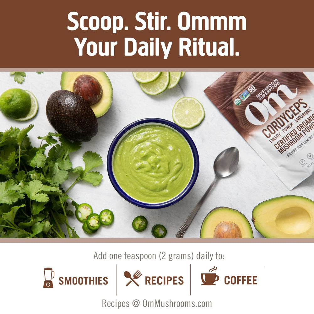 OM Mushroom Cordyceps powder poured into coffee for clean lift