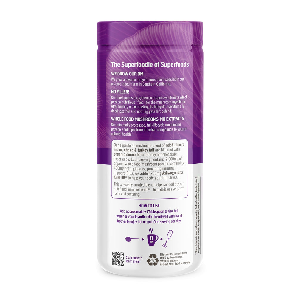 OM Mushroom Hot Chocolate Dutch cocoa powder, rich and inviting aroma.