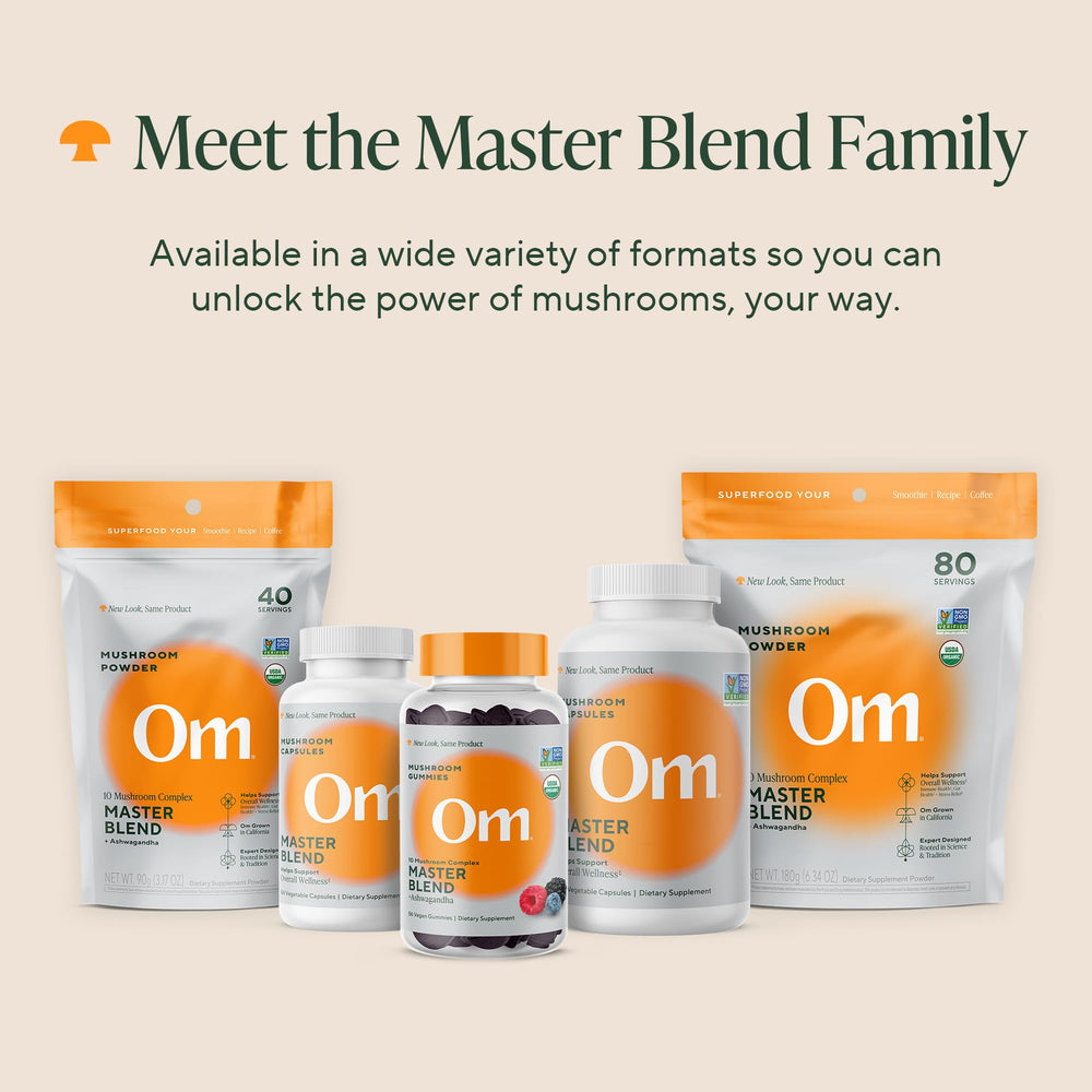 OM MUSHROOM MASTER BLEND capsules on table for daily dosing