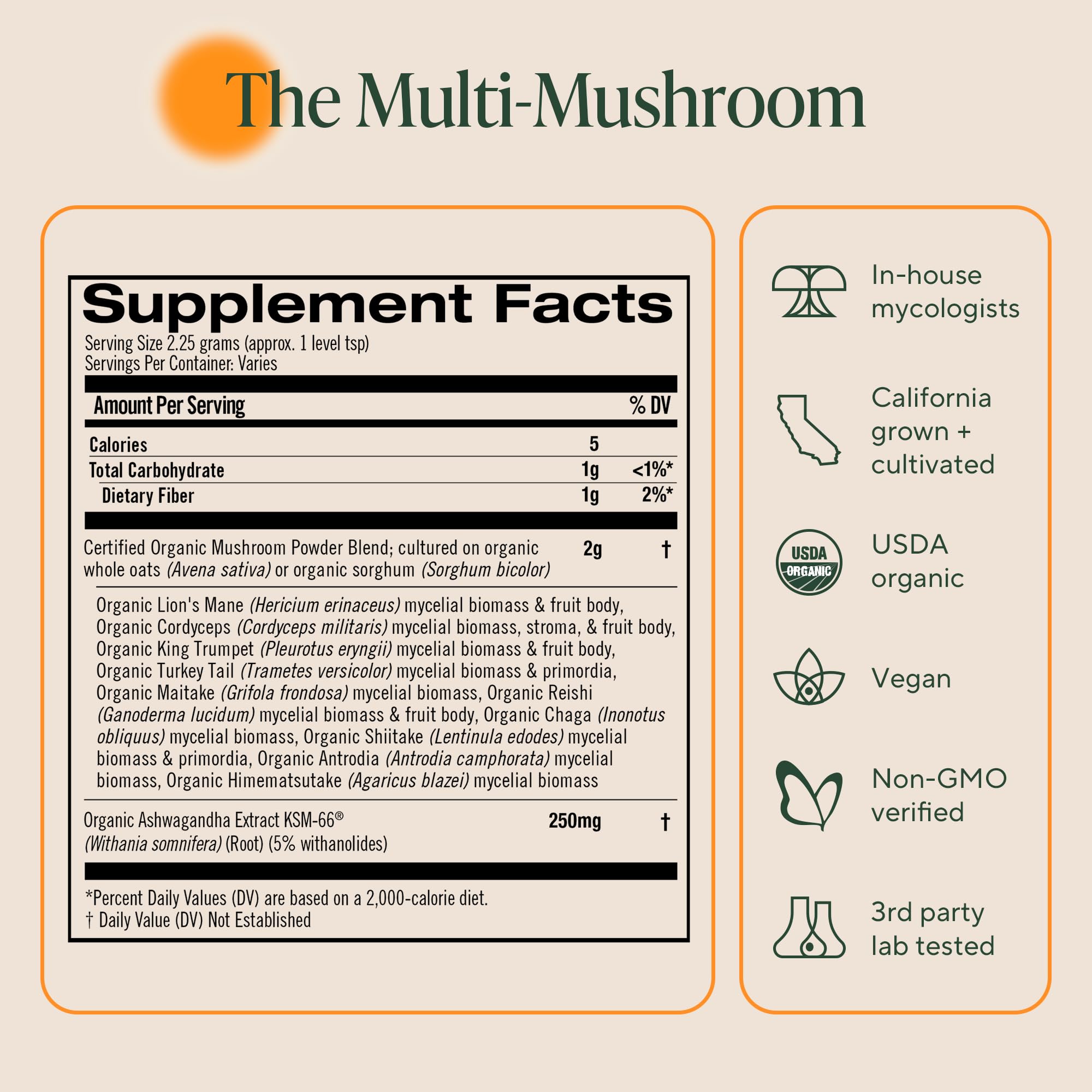 OM Mushroom Master Blend glass jar on counter presents a premium, waste-conscious organic supplement.
